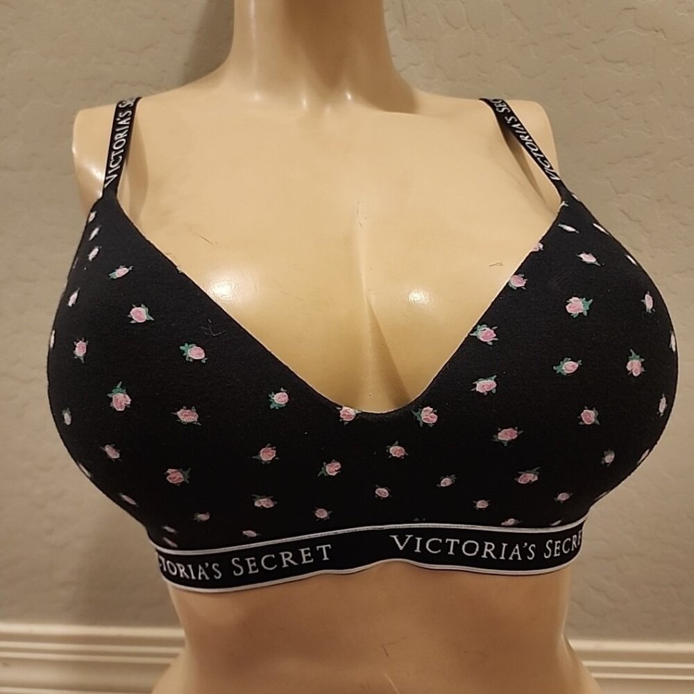 Victorias Secret T-Shirt Lightly Lined Wireless Bra 34DD Black Floral